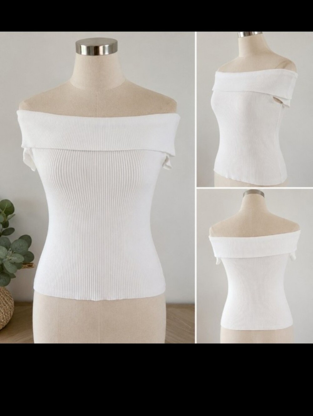 MNG Mango White Ribbed Off-the-Shoulder Knit Top Size Large